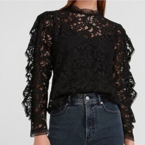 Express Sheer Lace Ruffle Puff Long Sleeve Black Victorian Blouse Top Feminine M